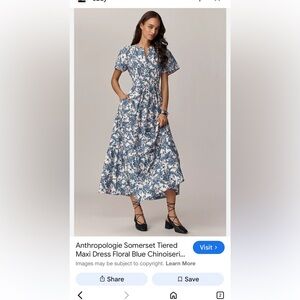 Anthropologie Blue and White Floral Midi Dress